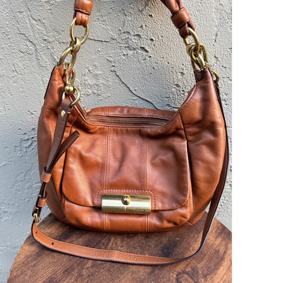 Coach Brown Soft Leather Kristin Hobo Shoulder Bag Brass Turnlock Chain Strap - Picture 2 of 12